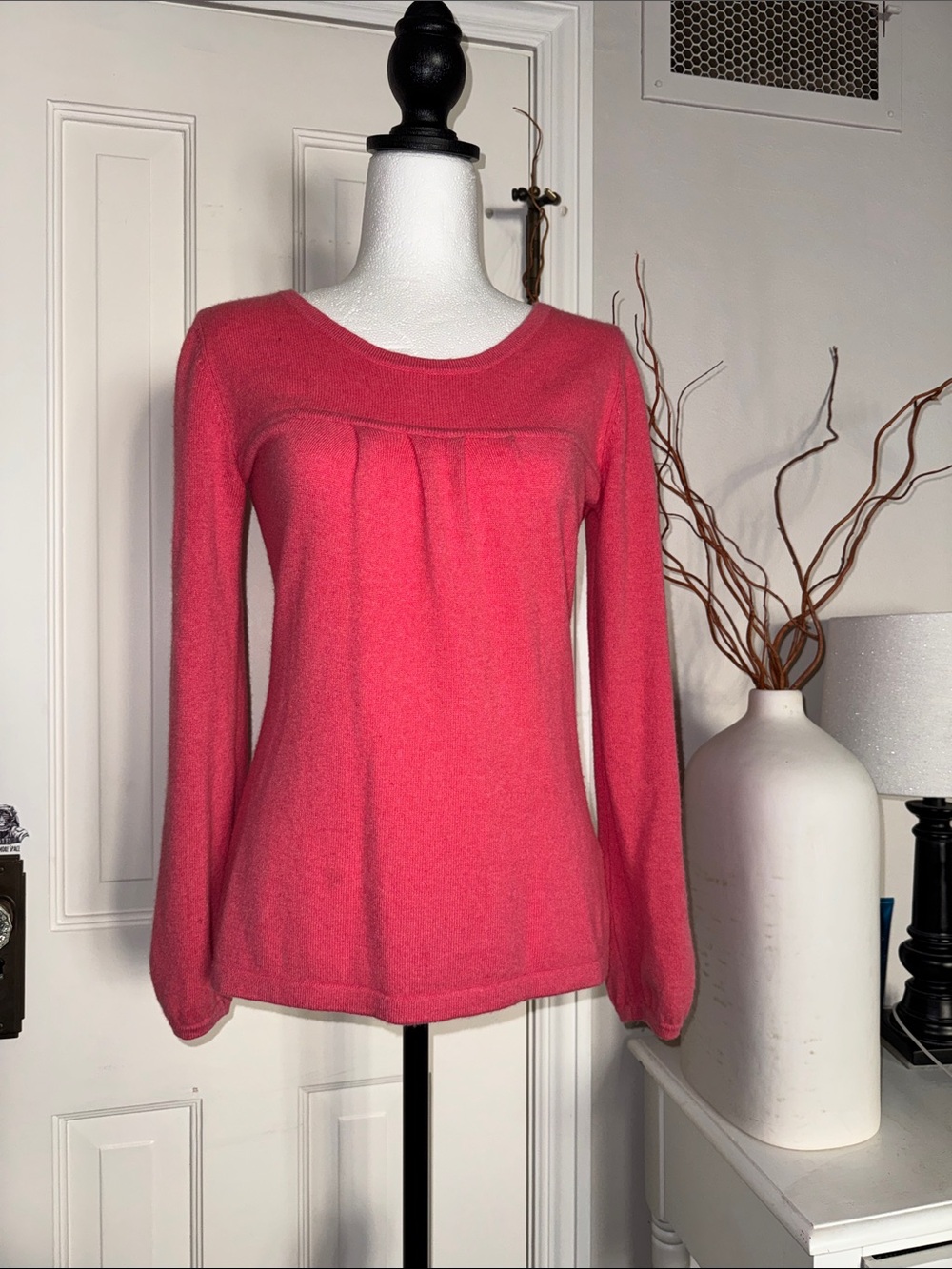 Boden Coral Pink Pleated-Front Long Sleeve 100% Cashmere Sweater Top